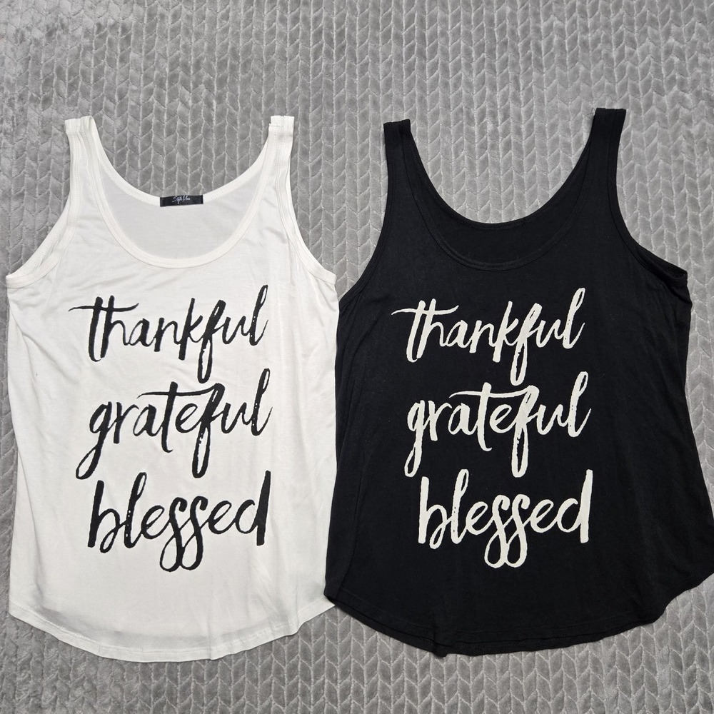 Lot 2 Tank Top T-shirts Thankful Grateful Blessed Womens Size Medium Black White